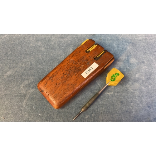 86 - Wonderful wooden dart case accompanied by 3 Shamrocked darts, with name inscribed to side