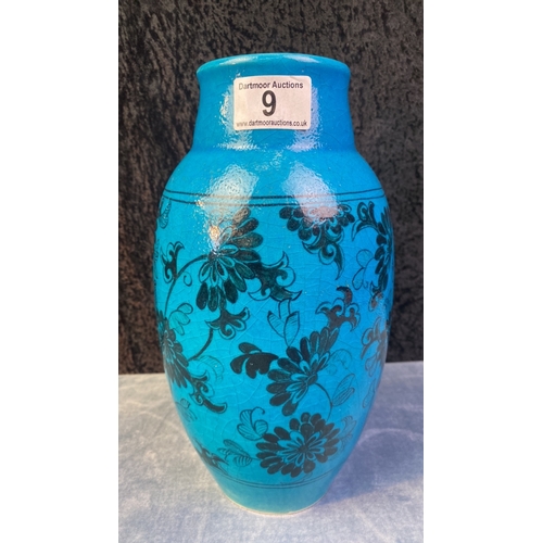 9 - Turquoise cracked glaze studio pottery vase, signed to base P. Trosset, approx 26.5cm tall