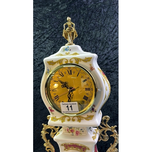 11 - Highly decorative Italian Alfa porcelain mantle clock, 49.5cm tall (brass clock back plate missing, ... 