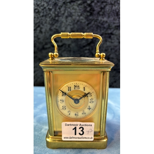 13 - Brass cased carriage clock with key, 11cm tall, (non-working) along with a Shaltz brass clock with p... 