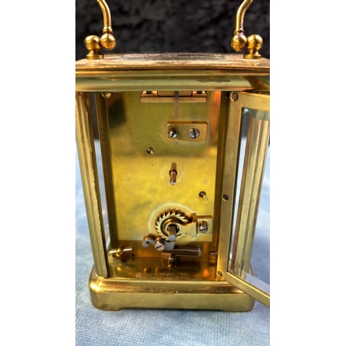 13 - Brass cased carriage clock with key, 11cm tall, (non-working) along with a Shaltz brass clock with p... 