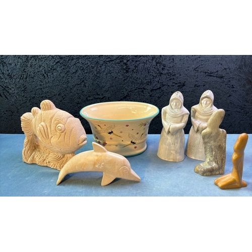 168 - Fun pair of ceramic Monk salt and pepper pots with a collection of interesting studio ware items