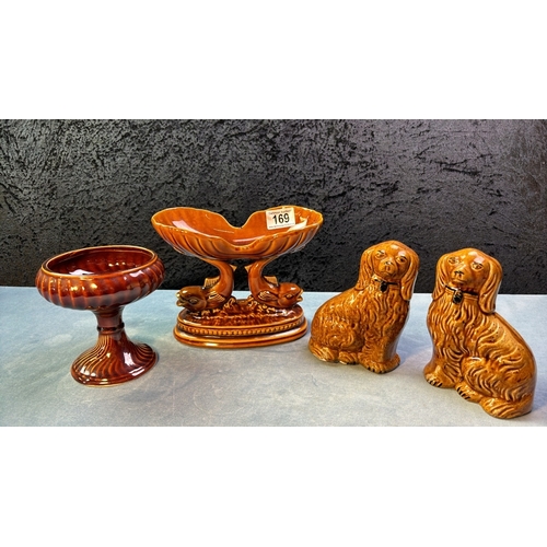 169 - Pair of Staffordshire style Spaniels, with two lovely Devon studio items, a fish based stand from Ki... 