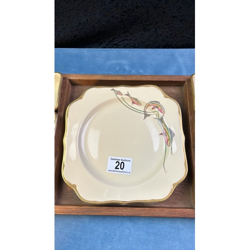 20 - Grays Pottery rectangular hors d'oeuvres dishes and plates with fish designs in a wooden tray