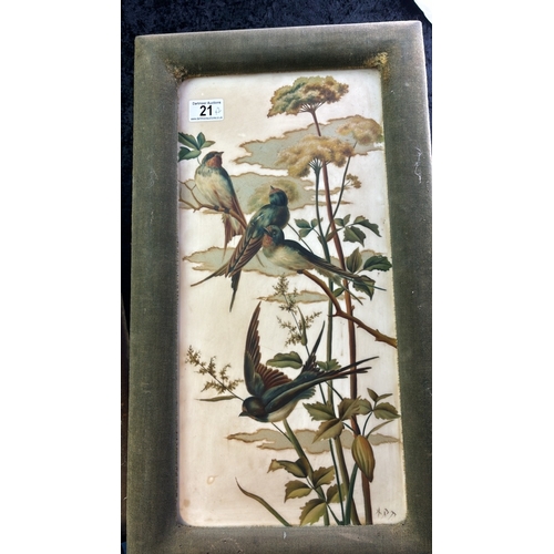 21 - Pair of canvas framed paintings on opaque glass depicting swallows and water lilies, swallow picture... 