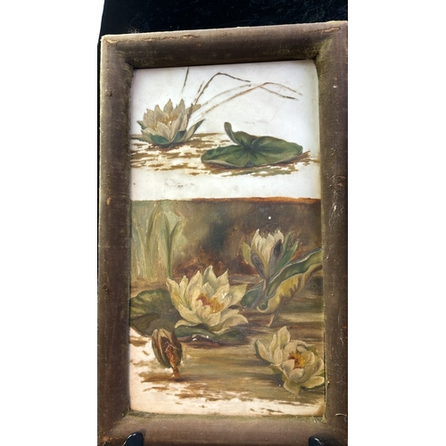 21 - Pair of canvas framed paintings on opaque glass depicting swallows and water lilies, swallow picture... 