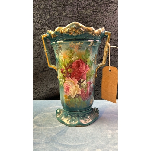 4 - Shaw & Copestake two handled vase with rose design, 23.5cm tall, a pair of ceramic pots with rose de... 