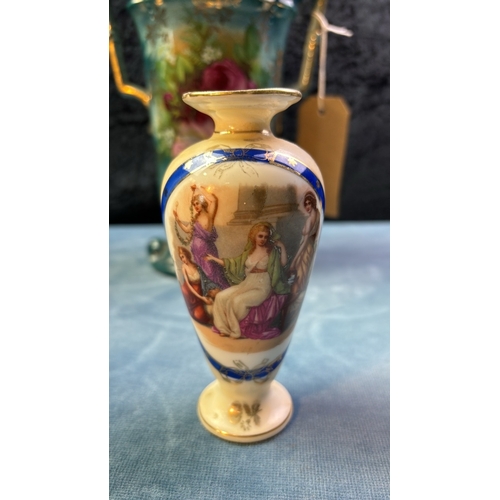 4 - Shaw & Copestake two handled vase with rose design, 23.5cm tall, a pair of ceramic pots with rose de... 