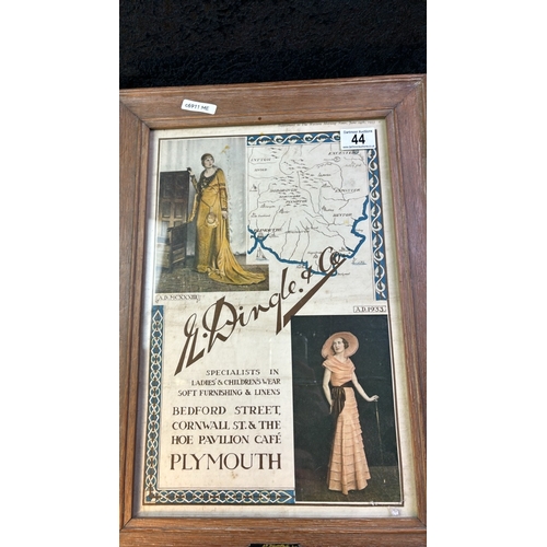 44 - Dingles / Dingle & Son, Plymouth framed poster dated 1933 in wooden frame, approx. 50cm x 36cm