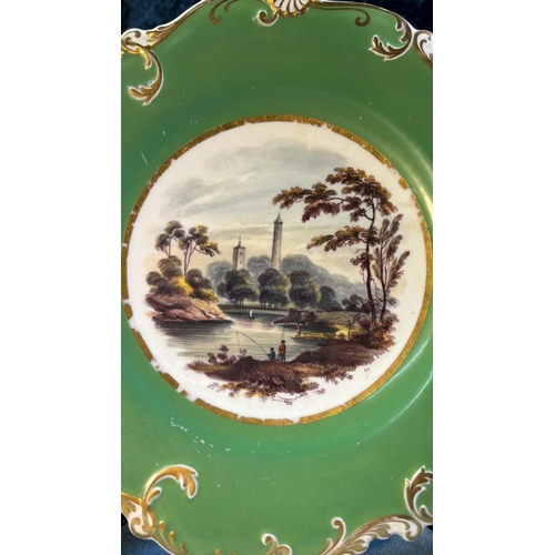 45 - Three antique H & R Daniel shell design plates (c1830s) with hand painted scenes depicting Round Tow... 