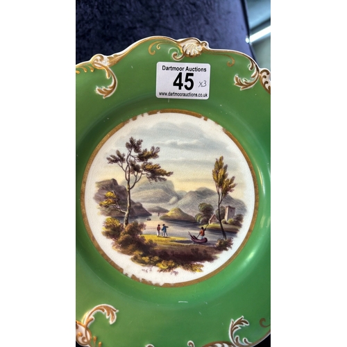 45 - Three antique H & R Daniel shell design plates (c1830s) with hand painted scenes depicting Round Tow... 