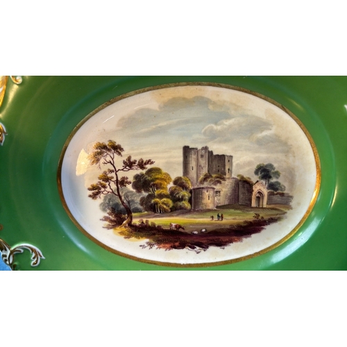 45 - Three antique H & R Daniel shell design plates (c1830s) with hand painted scenes depicting Round Tow... 