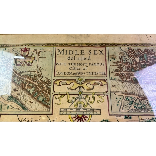 46 - Framed John Norden design map of Middlesex circa 19th century copy, frame approx. 45cm x 58cm