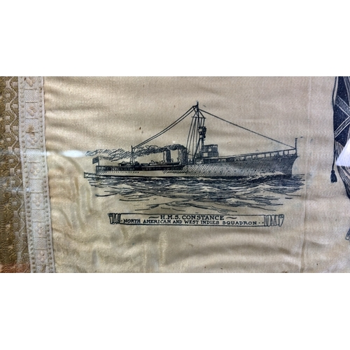 56 - Framed silk ‘Remember Me’ scarf. HMS Constance (saw action in WWI Battle of Jutland), North American... 