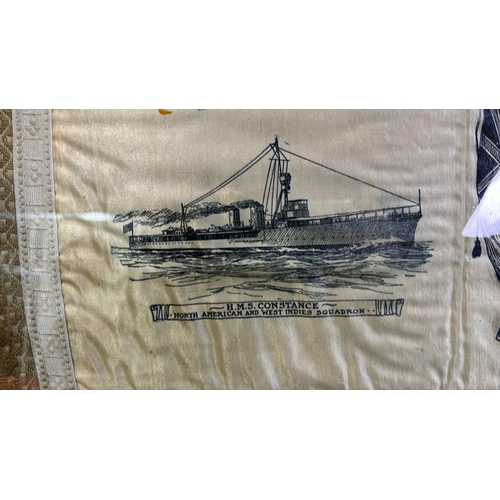 57 - Framed silk ‘Remember Me’ scarf. HMS Constance (saw action in WWI Battle of Jutland), North American... 