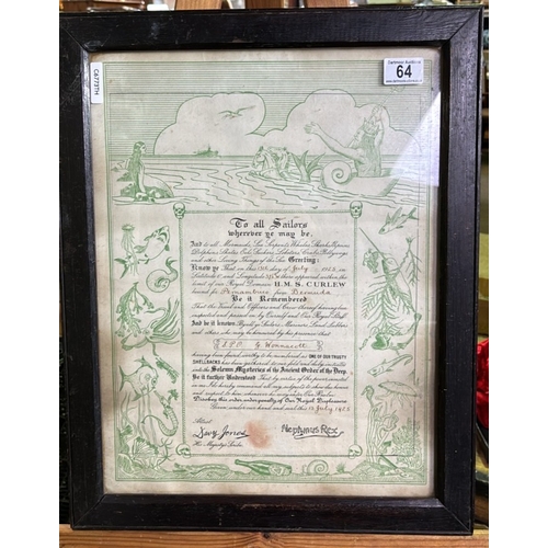 64 - Framed sailor’s crossing the line ceremony ‘shellback’ certificate for a sailor initiated into the ‘... 