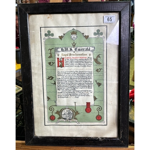 65 - Framed HMS Emerald Royal Proclamation sailor’s certificate dated 1929 ordering all ‘mermaids, sea-se... 