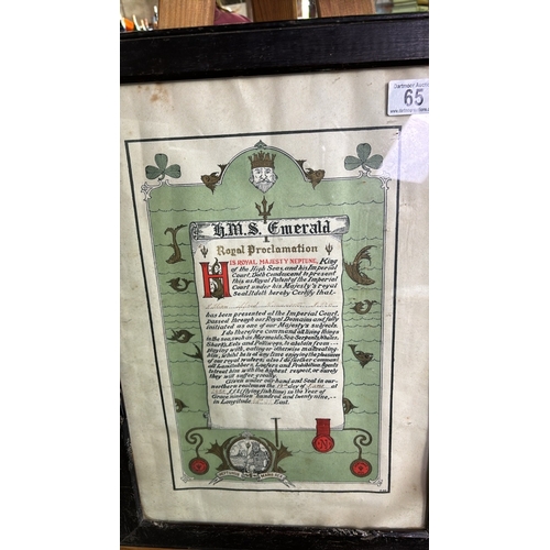 65 - Framed HMS Emerald Royal Proclamation sailor’s certificate dated 1929 ordering all ‘mermaids, sea-se... 