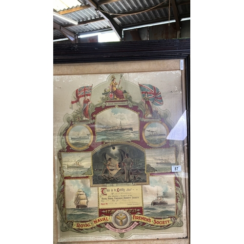 87 - Large framed HMS Powerful certificate admitting a member into the Royal Naval Fireman’s Benefit Soci... 