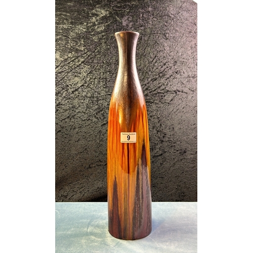 9 - Tall pottery vase with burnt orange/red design, 51.5cm tall