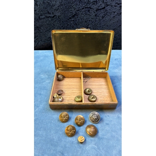 93 - Brass State Express cigarette box containing military and police buttons