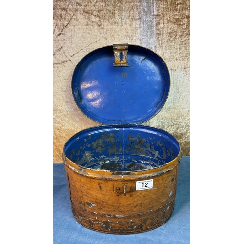 12 - Beautifully patinated oval metal antique hat box H22cm
