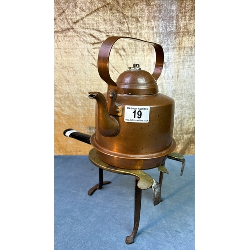 19 - Unusual antique Swedish copper kettle on brass and iron trivet