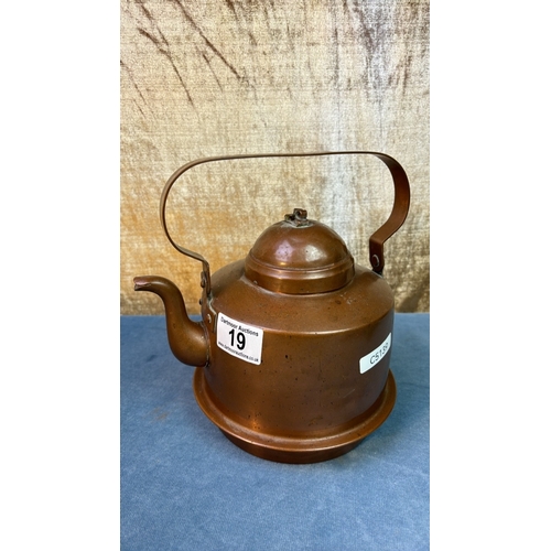 19 - Unusual antique Swedish copper kettle on brass and iron trivet