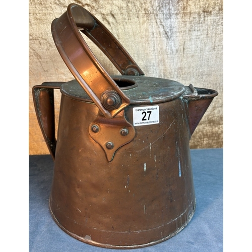 27 - Large, overfire, copper water 'kettle', with brass 'pillow' under handle for heat resistance