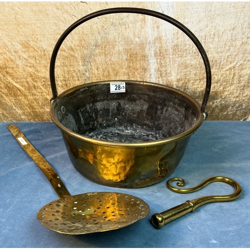 28 - Pretty brass preserve/jam pan with brass strainer spoon and a spare smart brass curtain finial