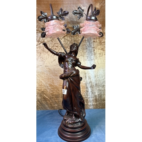 33 - Vintage bronze, Art Nouveau style figural sculpture table lamp with glass shades, dressed in classic... 