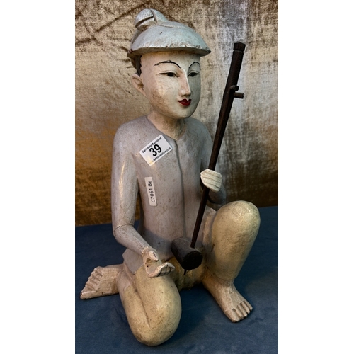 39 - Antique Oriental / Thai wooden musician figure, approx. 41 cm tall