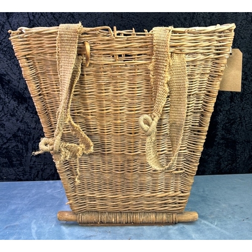 126 - A real vintage deep fruit pickers basket with webbing shoulder straps