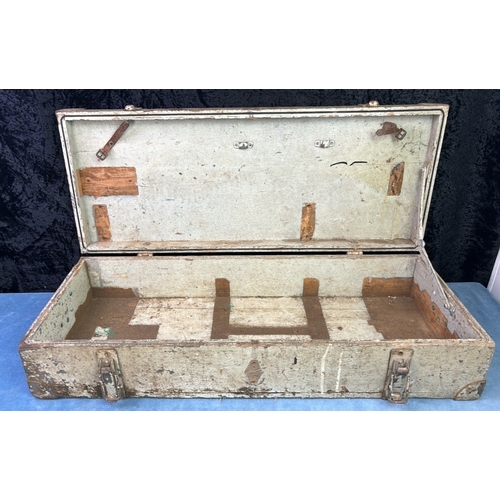 135 - A wooden military trunk with metal banding labelled up 'From Malta'