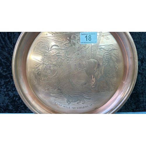 18 - Fabulous copper tray featuring the legendary Uncle Tom Cobley, however, the spelling on this plate i... 