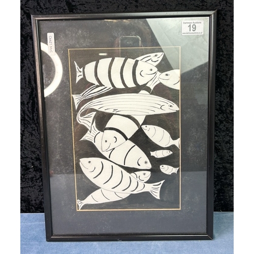 19 - Framed surreal mixed medium mono colour painting, title on rear of frame, 'Happy Fish', Liz Haughton... 