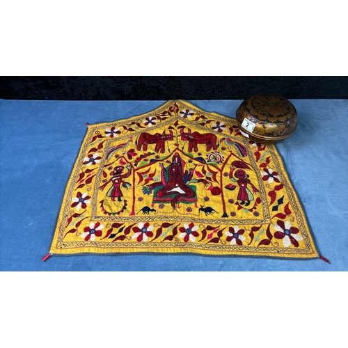 2 - Decorative, richly embroidered Asian style wall hanging with an attractive, circular, betel style la... 