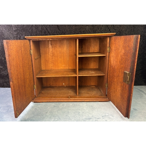 45 - Pretty wooden cabinet with elaborate metal furnishings and key. H38cm x 46cm