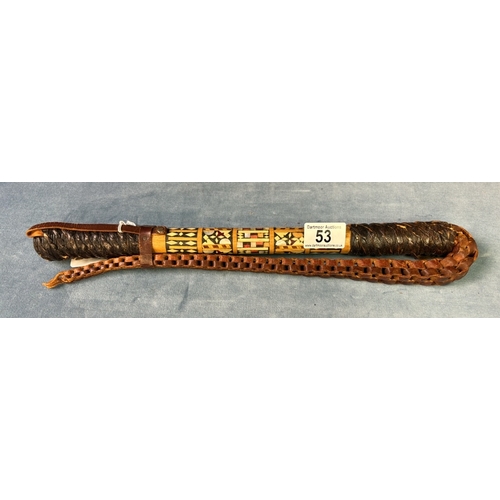 53 - Egyptian camel whip with fine inlaid wood and mother of Pearl design to shaft and a plaited leather ... 