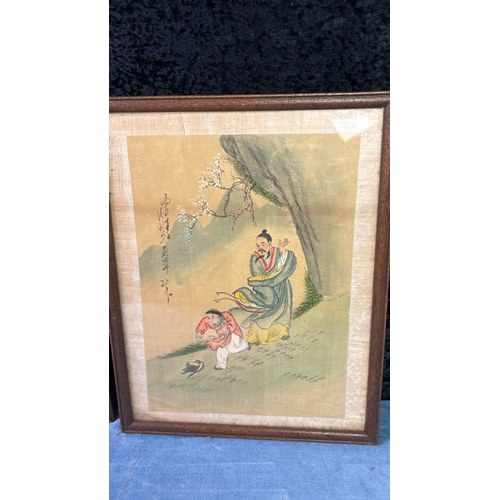 7 - 2 framed, antique Oriental watercolor paintings on Silk with possible signatures to both Sizes 33cmx... 