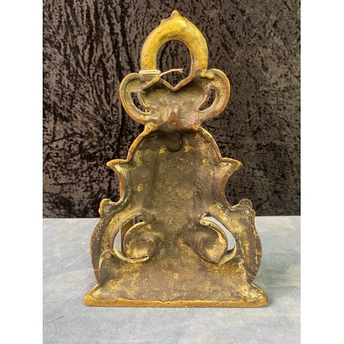 13 - Heavy ornate green man style  brass door stop H24cm