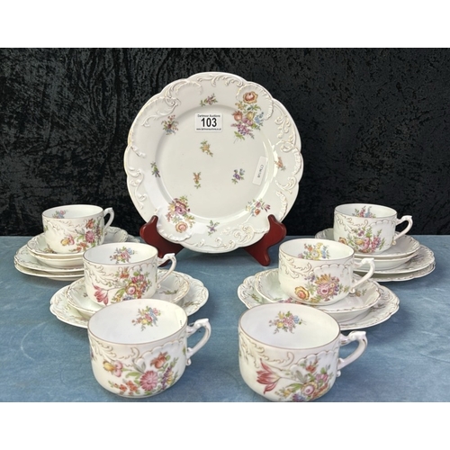 103 - Vintage 19 piece Louis XIV floral patterned Bavarian coffee service with earlier inner rimless sauce... 