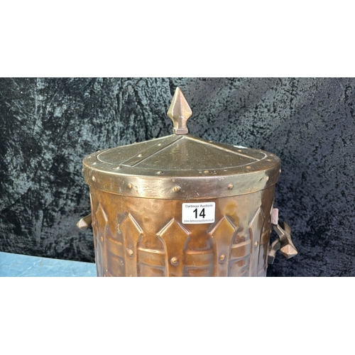 14 - Decorative copper coal bucket with lid, approx 44cm tall