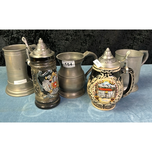 184 - 3 pewter beer mugs, a Gerz lidded stein and one other