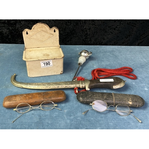 190 - 2 pairs of vintage spectacles, vintage tin and a sheathed knife with curved blade etc