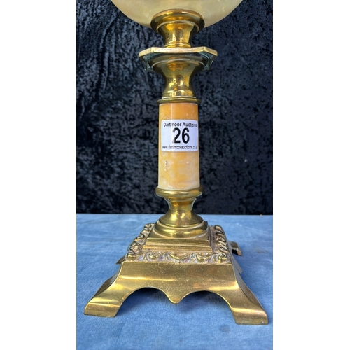 26 - Old French oil lamp with marble and hand painted glass with funnel, approx 60cm tall (inc funnel)