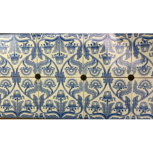 35 - Wooden framed vintage blue and white tile splashback, approx 36cm x 88cm