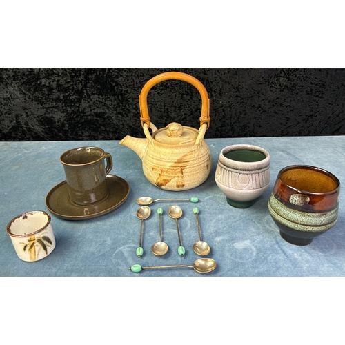 48 - Celtic Newlyn studio pottery tall jug and six matching cups
goblets along with a wooden handled stud... 