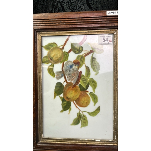 54 - A pair of antique oak framed oils on  opalescent glass - (developed late 19th century)  One depictin... 