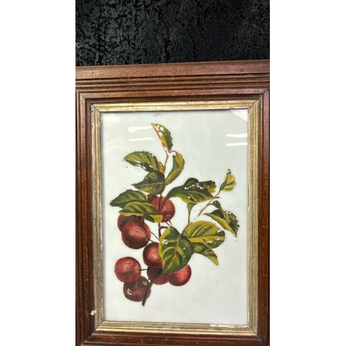 54 - A pair of antique oak framed oils on  opalescent glass - (developed late 19th century)  One depictin... 